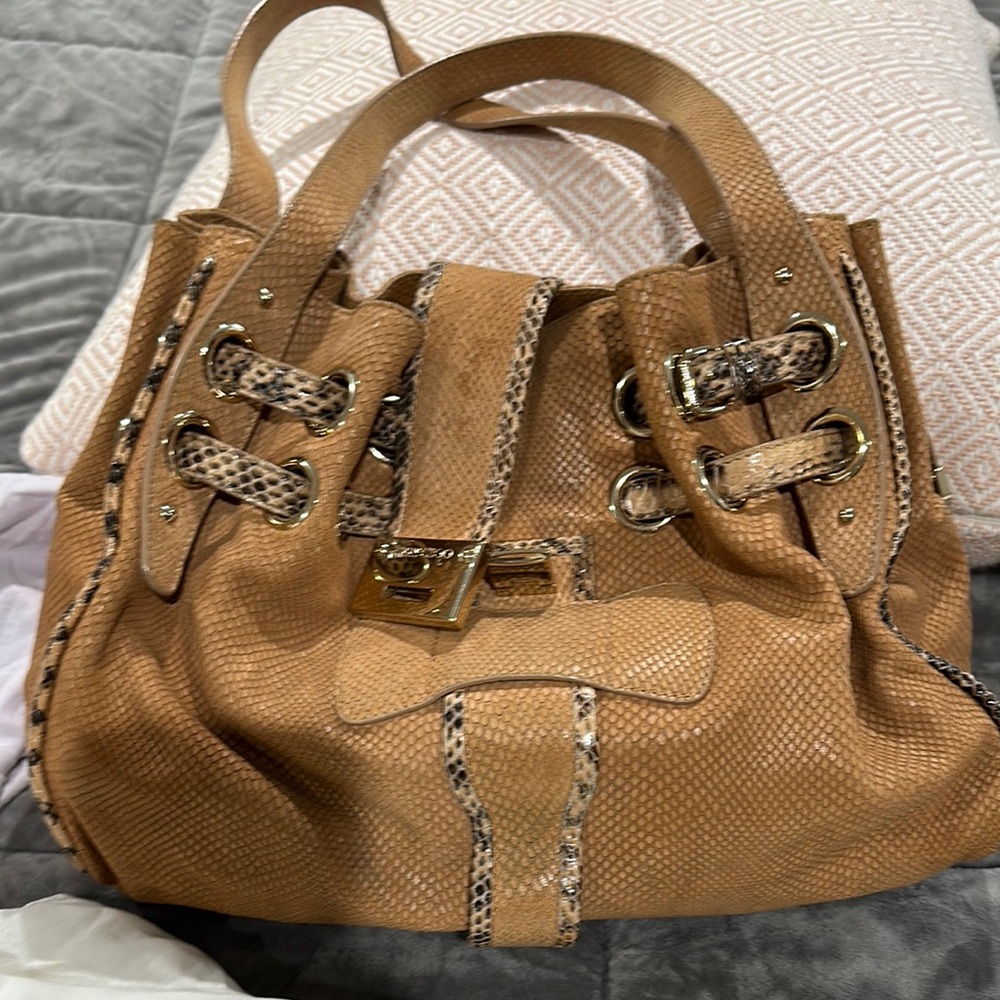 Jimmy Choo Tan Shoulder Bag with Snakeskin and Buckle Accents